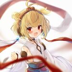  1girl :d absurdres andira_(granblue_fantasy) animal_ears antenna_hair bangs bare_shoulders blonde_hair blurry blurry_background blurry_foreground blush cleavage_cutout clothing_cutout depth_of_field detached_sleeves eyebrows_visible_through_hair flat_chest gold_trim granblue_fantasy hairband hand_up highres long_sleeves looking_at_viewer monkey_ears open_mouth red_eyes red_ribbon ribbon shikasui short_hair simple_background smile solo two_side_up white_background wide_sleeves 