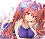  1girl animal_ears bangs barefoot blue_swimsuit breasts daiwa_scarlet_(umamusume) eyebrows_visible_through_hair horse_ears horse_girl horse_tail large_breasts long_hair looking_at_viewer lying nakahira_guy on_stomach one-piece_swimsuit open_mouth red_eyes red_hair smile solo swimsuit tail tiara twintails umamusume 