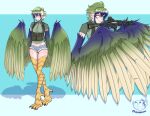  1girl aiming animal_feet bangs bird_legs blue_background blue_eyes blue_feathers blue_hair blue_wings chest_rig commentary commission denim denim_shorts english_commentary feathered_wings feathers fugubarakun green_feathers green_hair green_shirt green_wings gun hair_between_eyes harpy highres holding holding_gun holding_weapon micro_shorts midriff monster_girl multicolored multicolored_hair multicolored_wings original pointy_ears pp-19-01 puffer_fish shadow shirt short_hair shorts sidelocks standing submachine_gun tactical_clothes talons trigger_discipline twitter_username two-tone_background weapon white_background winged_arms wings 