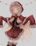  +_+ 1girl :d akitama2727 bangs blonde_hair boots christmas dress grey_background hair_between_eyes hair_ornament hair_ribbon highres little_red_riding_hood_(sinoalice) long_hair long_sleeves looking_at_viewer open_mouth red_dress red_footwear red_hood ribbon simple_background sinoalice smile solo twintails yellow_eyes 