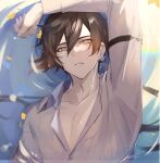  1boy arm_up bangs black_hair brown_hair earrings genshin_impact gradient_hair gumilkx highres jewelry long_hair long_sleeves looking_at_viewer lying male_focus multicolored_hair on_back parted_lips partially_submerged shirt single_earring solo upper_body water wet yellow_eyes zhongli_(genshin_impact) 