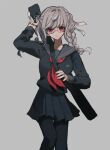  1girl arm_up bangs black_legwear black_serafuku black_skirt braid breasts closed_mouth commentary_request danganronpa_(series) danganronpa_2:_goodbye_despair feet_out_of_frame glasses grey_background grey_hair hair_ribbon holding large_breasts long_hair long_sleeves looking_at_viewer neckerchief pantyhose pekoyama_peko pleated_skirt red_eyes red_neckwear ribbon round_eyewear sailor_collar school_uniform serafuku shirt silver_hair simple_background skirt solo sword tami_tome_mo twin_braids weapon 