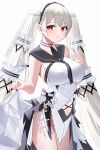  1girl absurdres azur_lane black_choker black_neckwear black_sailor_collar bow_dress breasts choker clothing_cutout cowboy_shot dress feather_dress formidable_(azur_lane) formidable_(timeless_classics)_(azur_lane) highres large_breasts long_hair looking_to_the_side navel navel_cutout official_alternate_costume red_eyes ryuya sailor_collar simple_background sleeveless sleeveless_dress solo stomach_cutout strapless strapless_dress twintails two-tone_dress two-tone_ribbon veil very_long_hair white_background white_dress 