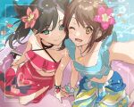  2girls ;d bangs bikini black_hair blue_bikini blush bracelet breasts brown_eyes brown_hair cleavage closed_mouth eyebrows_visible_through_hair flower flower_bracelet from_above gloria_(pokemon) green_eyes hair_flower hair_ornament halterneck hand_on_hand hibiscus highres jewelry looking_at_viewer marnie_(pokemon) multiple_girls necklace one_eye_closed open_mouth pokemon pokemon_(game) pokemon_masters_ex red_bikini sarong scrunchie seiza selfie short_hair sitting small_breasts smile swimsuit twintails two_side_up viewfinder water water_drop wrist_scrunchie yokozuwari zattape 