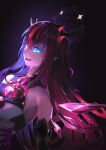  1girl absurdres bare_shoulders black_hair blue_eyes blue_hair bridal_gauntlets dark_background fang highres hololive hololive_english horns irys_(hololive) long_hair looking_at_viewer multicolored_hair night-old open_mouth pink_hair smile solo upper_body virtual_youtuber wings 
