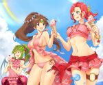  3girls alternate_breast_size bangs beach bikini blush bow bracelet breasts brown_eyes brown_hair circlet closed_eyes cloud collarbone cowboy_shot dragon_wings english_commentary eyebrows_visible_through_hair fire_emblem fire_emblem:_shadow_dragon fire_emblem_heroes flat_chest food frilled_bikini frilled_swimsuit frills fruit green_eyes green_hair groin hair_between_eyes hair_ornament hair_ribbon happy highres holding holding_food ice_cream ice_cream_cone igni_tion innertube jewelry large_breasts lens_flare linde_(fire_emblem) linea_alba long_hair manakete microskirt multiple_girls navel norne_(fire_emblem) official_alternate_costume one-piece_swimsuit open_mouth parted_bangs pink_bikini pink_bow pink_hair pink_ribbon pink_scrunchie pink_swimsuit pointy_ears ponytail red_sarong ribbon sarong scrunchie shadow short_hair short_hair_with_long_locks sideboob skirt smile star_(symbol) star_hair_ornament strawberry swimsuit thick_thighs thigh_strap thighs tiki_(fire_emblem) very_long_hair water_drop wings 