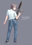  1girl ass assault_rifle blue_footwear blue_pants blue_shirt closed_mouth denim full_body grey_background grey_eyes grey_hair gun hair_ornament hairpin highres holding holding_gun holding_weapon jeans looking_at_viewer looking_back military mk_18_carbine original pants polo_shirt rifle shirt shoes short_hair short_sleeves simple_background smile sneakers solo standing trigger_discipline waruzamurai weapon 
