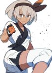  1girl bangs bea_(pokemon) black_bodysuit blonde_hair bodysuit bodysuit_under_clothes bow_hairband brown_hairband closed_mouth commentary_request eyebrows_visible_through_hair frown gloves grey_eyes gym_leader hair_between_eyes hairband hand_up highres knee_pads leg_up morio_(poke_orio) partially_fingerless_gloves pokemon pokemon_(game) pokemon_swsh short_hair short_sleeves shorts side_slit side_slit_shorts sketch solo v-shaped_eyebrows white_background 
