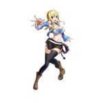  1girl blonde_hair boots breasts brown_eyes cleavage detached_sleeves eyebrows_visible_through_hair fairy_tail full_body hair_between_eyes large_breasts looking_at_viewer lucy_heartfilia midriff miniskirt navel official_art open_mouth skirt solo strapless teeth thighhighs tongue transparent_background tubetop twintails valkyrie_connect 