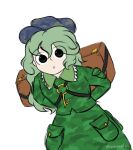  1girl arms_behind_back backpack bag big_eyes blue_headwear camouflage camouflage_headwear camouflage_jacket camouflage_print camouflage_skirt eyebrows flat_cap frilled_shirt_collar frills green_eyes green_hair green_jacket hat idamoofus jacket key key_necklace lowres short_hair skirt skirt_set touhou yamashiro_takane 