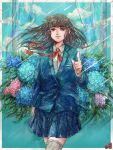  1girl aqua_flower bangs blue_flower blue_jacket blue_skirt collared_shirt cowboy_shot eyebrows_visible_through_hair flower grey_legwear hand_up highres hydrangea index_finger_raised jacket leaf long_sleeves original pink_flower plant plant_uezi pleated_skirt purple_flower red_neckwear red_ribbon ribbon shirt skirt solo thighhighs white_shirt 