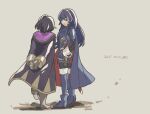  2girls armor arms_behind_back bangs batoson54 black_hair blue_eyes blue_hair boots cape dated eyebrows_visible_through_hair fingerless_gloves fire_emblem fire_emblem_awakening full_body gloves hair_between_eyes long_hair looking_at_another lucina_(fire_emblem) morgan_(fire_emblem) morgan_(fire_emblem)_(female) multiple_girls open_mouth pauldrons sheath short_hair shoulder_armor standing thigh_boots thighhighs tiara 