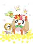  absurdres bird black_eyes bright_pupils closed_mouth comfey commentary_request cutiefly gen_7_pokemon head_wreath highres meltan mythical_pokemon no_humans owl pokemon pokemon_(creature) rowlet saki_pokeoekaki sitting starter_pokemon talons white_background white_pupils 