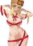  1girl areolae armpits ashiomi_masato bar_censor blonde_hair blue_eyes blush breasts censored groin guilty_gear guilty_gear_strive hat highres large_breasts long_hair looking_at_viewer millia_rage navel nipples nude simple_background solo sweatdrop very_long_hair white_background 