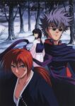  1990s_(style) 1girl 2boys absurdres bangs black_eyes black_hair blue_eyes brother_and_sister character_name cross_scar expressionless highres himura_kenshin japanese_clothes katana kimono long_hair long_sleeves looking_back multiple_boys official_art outdoors ponytail red_hair retro_artstyle rimless_eyewear round_eyewear rurouni_kenshin scan scar scar_on_face serious short_hair siblings silver_hair sunglasses sword weapon yukishiro_enishi yukishiro_tomoe 