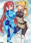  2girls absurdres adjusting_hair alternate_breast_size alternate_costume armpits arms_up artist_name ass bangs belt belt_buckle blonde_hair blue_eyes blush bodysuit breasts buckle closed_mouth commentary commission cosplay costume_switch covered_navel crossed_arms crossover detached_sleeves english_commentary eyebrows_visible_through_hair fingerless_gloves fire_emblem fire_emblem_awakening gloves hair_between_eyes highres kaos_art large_breasts long_hair looking_at_viewer metroid mole mole_under_mouth multiple_girls open_mouth outdoors ponytail red_eyes red_hair samus_aran samus_aran_(cosplay) severa_(fire_emblem) severa_(fire_emblem)_(cosplay) skin_tight sleeveless smile twintails zero_suit 