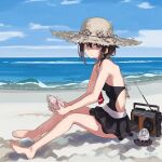  1girl adapted_costume ahoge beach black_hair black_skirt black_swimsuit blue_eyes blue_sky braid casual_one-piece_swimsuit cloud conch day dress hair_flaps hair_over_shoulder hat highres horizon kantai_collection looking_at_viewer ocean one-piece_swimsuit outdoors pleated_dress radio remodel_(kantai_collection) shigure_(kancolle) single_braid sitting skirt sky solo straw_hat sugue_tettou sun_hat swimsuit swimsuit_skirt waves 