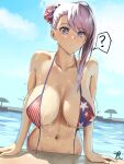  1girl ? absurdres arm_support asymmetrical_hair bare_shoulders bikini blinkblink_art blue_eyes blue_sky blush breasts bun_cover cleavage closed_mouth collarbone day fate/grand_order fate_(series) front-tie_bikini front-tie_top highres large_breasts long_hair looking_at_viewer miyamoto_musashi_(fate) miyamoto_musashi_(swimsuit_berserker)_(fate) navel outdoors partially_submerged pink_hair pool print_bikini sky solo speech_bubble spoken_question_mark star_(symbol) star_print stomach swimsuit untied untied_bikini wardrobe_malfunction water wet 