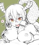  1boy 1girl areolae bangs bar_censor breast_squeeze breasts censored collarbone dragon_girl dragon_horns dragon_tail eyebrows_visible_through_hair fangs green_background hair_between_eyes hair_down heart hetero horns kobayashi-san_chi_no_maidragon large_breasts large_penis long_hair looking_at_viewer monochrome nipples nude open_mouth orange_eyes paizuri penis pov pov_crotch simple_background slit_pupils spoken_heart tail tobiume_sayu tohru_(maidragon) tongue tongue_out 