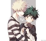  2boys bakugou_katsuki bangs black_cape blonde_hair boku_no_hero_academia cape clenched_hand coi_mha commentary earrings freckles green_eyes green_hair hammer holding holding_hammer hug jewelry judge long_sleeves looking_at_viewer male_focus midoriya_izuku multiple_boys open_mouth prison_clothes red_eyes shirt short_hair smile spiked_hair striped striped_shirt upper_body yaoi 
