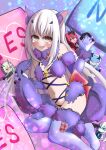  1girl absurdres animal_ears bangs bare_shoulders bow breasts brown_eyes cosplay dangerous_beast death5034 elbow_gloves fairy_knight_gawain_(fate) fairy_knight_lancelot_(fate) fairy_knight_tristan_(fate) fang fate/grand_order fate_(series) fur-trimmed_gloves fur-trimmed_legwear fur_collar fur_trim gloves highres huge_filesize lace-trimmed_legwear lace_trim long_hair looking_at_viewer mash_kyrielight mash_kyrielight_(cosplay) morgan_le_fay_(fate) navel o-ring purple_gloves purple_legwear revealing_clothes sidelocks small_breasts stuffed_toy tail tearing_up thighs weapon white_hair wolf_ears wolf_tail 