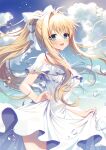  1girl :d air bangs bare_shoulders blonde_hair blue_eyes blue_sky blush bow breasts choker cloud commentary_request day dress eyebrows_visible_through_hair hair_between_eyes hair_bow hair_intakes highres kamio_misuzu long_hair looking_at_viewer mauve medium_breasts off-shoulder_dress off_shoulder open_mouth outdoors ponytail short_sleeves sidelocks skirt_hold sky smile solo very_long_hair water_drop white_bow white_choker white_dress 