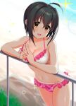  1girl ahoge bikini black_hair breasts brown_eyes cleavage commentary_request frilled_bikini frills highres idolmaster idolmaster_cinderella_girls kohinata_miho looking_at_viewer medium_breasts natsuya open_mouth plaid railing short_hair smile solo swimsuit 