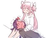  2girls akemi_homura akuma_homura bare_legs black_hoodie blood blood_on_face blood_trail blush closed_eyes closed_mouth crazycat47 full-face_blush hair_between_eyes hair_ribbon hand_on_another&#039;s_chest hand_on_another&#039;s_face hand_on_another&#039;s_head hand_on_forehead hood hood_down hoodie kaname_madoka lap_pillow legs_together long_hair lying mahou_shoujo_madoka_magica mahou_shoujo_madoka_magica_movie multiple_girls nervous no_mouth no_nose nosebleed on_back pink_hair purple_hair red_ribbon ribbon simple_background sitting sleeves_past_wrists smile sweatdrop trembling two_side_up ultimate_madoka very_long_hair white_background white_hoodie white_ribbon |_| 