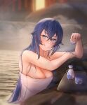  1girl :q ahoge alternate_breast_size armpits bangs bathing blue_eyes blue_hair blurry blurry_background blush breasts choko_(cup) cleavage closed_mouth commentary_request crossed_bangs cup eyebrows_visible_through_hair hair_between_eyes holding holding_cup large_breasts leaning_on_object long_hair looking_at_viewer mushoku_tensei naked_towel night older onsen outdoors partially_submerged rock roxy_migurdia shadow sidelocks smile solo steam tokkuri tongue tongue_out towel tray upper_body very_long_hair water wet white_towel ygahh 