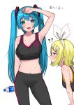  2girls ? absurdres arm_up armpits bangs black_legwear black_pants black_sports_bra blonde_hair blue_eyes blue_hair bottle bow breasts collarbone commentary_request cowboy_shot drink eyebrows_visible_through_hair hair_bow hair_ornament hairclip hand_on_forehead hatsune_miku highres holding holding_bottle kagamine_rin large_breasts leaning_forward long_hair looking_at_breasts looking_at_viewer midriff multiple_girls navel nishikino_kee open_mouth pants short_hair simple_background small_breasts sports_bra sportswear standing sweat swept_bangs translation_request twintails vocaloid water_bottle white_background white_bow yoga_pants 
