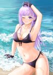  1girl absurdres arm_up bangs beach bikini black_bikini black_gloves blunt_bangs blush braid breasts closed_mouth collarbone danganronpa:_trigger_happy_havoc danganronpa_(series) danganronpa_s:_ultimate_summer_camp english_commentary front-tie_bikini front-tie_top gloves hand_up highres kirigiri_kyouko long_hair looking_at_viewer navel one_eye_closed outdoors purple_eyes purple_hair raiiniichts ribbon side-tie_bikini sitting smile solo stomach swimsuit water wet wet_hair 