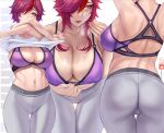  1girl ass back bangs bare_shoulders blush bra breasts cleavage clothes_lift collarbone genshin_impact grey_pants gtunver hair_between_eyes highres large_breasts looking_at_viewer looking_to_the_side multicolored_hair multiple_views navel pants purple_bra purple_eyes purple_hair red_hair rosaria_(genshin_impact) shirt shirt_lift short_hair sports_bra streaked_hair sweat thighs underwear white_shirt yoga_pants 