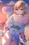  1girl :p arm_support bangs bare_shoulders beach blue_eyes blue_kimono blurry blurry_background blush breasts brown_hair cleavage closed_mouth commentary depth_of_field eyebrows_visible_through_hair fan flower grey_panties hair_between_eyes hair_flower hair_ornament highres holding holding_fan horizon japanese_clothes kimono mafuyu_(chibi21) medium_breasts obi ocean off_shoulder original outdoors panties paper_fan railing sand sash skindentation smile solo sunset symbol_commentary tongue tongue_out uchiwa underwear water white_flower 