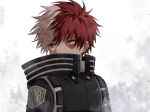  1boy bangs black_jacket blue_eyes boku_no_hero_academia burn_scar coi_mha copyright_name covered_mouth eyebrows_visible_through_hair grey_background grey_eyes heterochromia high_collar jacket looking_away looking_to_the_side male_focus multicolored_hair official_alternate_costume red_hair scar short_hair solo todoroki_shouto two-tone_hair upper_body white_hair 