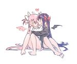  2girls akemi_homura akuma_homura arms_around_waist bare_legs barefoot black_jacket black_wings blush closed_eyes crazycat47 demon_wings embarrassed eyebrows_visible_through_hair flying_sweatdrops full_body furrowed_brow hair_between_eyes hair_ribbon hands_up heart jacket kaname_madoka kiss kissing_cheek knees_together_feet_apart legs_together long_hair mahou_shoujo_madoka_magica mahou_shoujo_madoka_magica_movie mini_wings multiple_girls nervous no_mouth no_nose on_ground pink_hair pink_wings purple_hair red_ribbon ribbon shy side-by-side simple_background single_wing sitting straight_hair two_side_up ultimate_madoka very_long_hair white_background white_jacket white_ribbon wings 