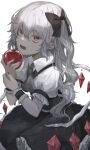  1girl absurdres apple bangs black_bow black_dress bow collar crystal dress eyebrows_visible_through_hair flandre_scarlet food fruit grey_hair grey_neckwear greyscale hair_between_eyes hair_bow hands_up highres hisha_(kan_moko) long_hair looking_at_viewer monochrome no_hat no_headwear open_mouth ponytail puffy_short_sleeves puffy_sleeves red_eyes red_nails seiza short_sleeves simple_background sitting solo spot_color teeth touhou white_background white_collar white_hair white_sleeves wings wrist_cuffs 