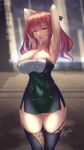  1girl armpits arms_behind_head artist_name azur_lane black_dress black_legwear blurry blurry_background breasts buttons center_frills cleavage double-breasted dress eyebrows_visible_through_hair frills garter_straps green_dress highres huge_breasts italian_flag looking_at_viewer outdoors red_hair skindentation sleeveless sleeveless_dress solo strapless strapless_dress taut_clothes taut_dress thigh_gap thighhighs two-tone_dress yellow_eyes zara_(azur_lane) zephid 