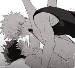 2boys bakugou_katsuki bangs bite_mark blush boku_no_hero_academia boy_on_top closed_eyes coi_mha commentary eye_contact from_side greyscale legs_up looking_at_another male_focus midoriya_izuku monochrome multiple_boys open_mouth parted_lips sex shirt short_hair simple_background spiked_hair sweat tank_top tearing_up yaoi 