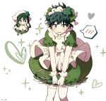  1boy 1girl alternate_costume amulet_clover amulet_clover_(cosplay) apron asui_tsuyu bangs blush boku_no_hero_academia chibi coi_mha commentary cosplay crossdressing dress freckles gloves green_dress green_hair heart highres looking_at_viewer maid_headdress midoriya_izuku open_mouth puffy_short_sleeves puffy_sleeves short_dress short_hair short_sleeves shugo_chara! simple_background sparkle sparkle_background spoken_blush tearing_up thighhighs white_apron white_background white_gloves white_legwear 