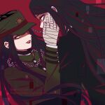  108_(toowa) 2boys bandaged_hands bandages bangs black_hair brown_eyes chain danganronpa_(series) danganronpa_v3:_killing_harmony dual_persona eye_contact green_headwear green_jacket hand_on_another&#039;s_cheek hand_on_another&#039;s_face hat jacket lips long_hair long_sleeves looking_at_another makeup multiple_boys official_alternate_costume parted_lips red_background red_lips shinguuji_korekiyo teeth upper_body watermark 