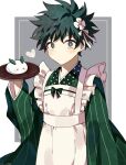  1boy alternate_costume apron bangs blush boku_no_hero_academia bow coi_mha commentary cowboy_shot enmaided flower food freckles green_bow green_hair grey_background hair_flower hair_ornament heart highres holding holding_tray japanese_clothes kimono long_sleeves looking_at_viewer maid maid_apron male_focus messy_hair midoriya_izuku polka_dot short_hair smile tray twitter_username two-tone_background white_background white_flower wide_sleeves 