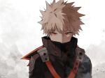  1boy bakugou_katsuki bangs black_bodysuit blonde_hair bodysuit boku_no_hero_academia coi_mha commentary covered_mouth gradient gradient_background grey_background looking_at_viewer male_focus official_alternate_costume red_bodysuit red_eyes short_hair simple_background solo spiked_hair upper_body 