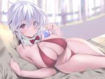  bed blush breasts cleavage condom gray_hair navel noto_kurumi original red_eyes short_hair swimsuit 