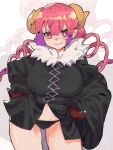  1girl absurdres black_panties breasts bright_pupils claws fang fang_out hands_on_hips highres ilulu_(maidragon) kobayashi-san_chi_no_maidragon large_breasts long_hair looking_at_viewer multicolored_hair panties purple_hair red_eyes red_hair short_stack smile solo takao_(88499191) twintails underwear v-shaped_eyebrows white_pupils 