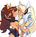 2girls big_hair blonde_hair blue_eyes boots borrowed_character breast_contest breast_press breasts brown_hair cosplay dark-skinned_female dark_skin earrings elf english_commentary from_side frown glasses green_eyes hands_on_hips jewelry june_(squeezable) junketsu kill_la_kill kiryuuin_satsuki kiryuuin_satsuki_(cosplay) large_breasts latte_(klimspree) long_hair matoi_ryuuko matoi_ryuuko_(cosplay) mismatched_eyebrows mole mole_under_eye multiple_girls original pointy_ears revealing_clothes senketsu sideboob squeezable_(artist) suspenders symmetrical_docking thick_eyebrows thigh_boots thighhighs upper_body very_long_hair 