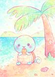  artist_name beach bisquii blush closed_mouth day drinking drinking_straw full_body lowres no_humans outdoors painting_(medium) palm_tree pokemon pokemon_(creature) sand seashell shell sitting sky smile solo sparkling_eyes squirtle traditional_media tree turtle water watercolor_(medium) waves 