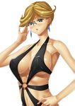 blonde_hair blue_eyes breasts cleavage covered_nipples glasses gundam gundam_00 jewelry kink large_breasts louise_halevy's_mama mature navel o-ring o-ring_swimsuit short_hair slingshot_swimsuit solo swimsuit 
