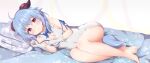  1girl ahoge blue_hair blue_ribbon breasts cleavage commentary_request cosplay covered_navel dungeon_ni_deai_wo_motomeru_no_wa_machigatteiru_darou_ka ganyu_(genshin_impact) genshin_impact gloves goat_horns hestia_(danmachi) hestia_(danmachi)_(cosplay) highres horns legs long_hair looking_at_viewer lying medium_breasts on_side pillow purple_eyes rei_no_himo ribbon solo tutsucha_illust white_gloves 