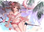  1girl animal_ears arknights bangs barefoot beach bikini blush breasts brown_hair cleavage commentary_request eyebrows_visible_through_hair eyjafjalla_(arknights) eyjafjalla_(summer_flowers)_(arknights) flower frilled_bikini frills hair_up hibiscus highres horns infection_monitor_(arknights) k13795 leg_garter looking_at_viewer medium_breasts off-shoulder_bikini off_shoulder official_alternate_costume outdoors palm_tree pink_bikini pink_eyes pink_flower plaid plaid_bikini sheep_ears sheep_girl sheep_horns sidelocks smile solo staff starfish swimsuit tree water 