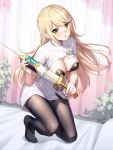  1girl bangs black_legwear blonde_hair blush breasts brown_eyes cleavage commentary_request curtains dress eyebrows_visible_through_hair full_body holding holding_syringe indoors long_hair looking_at_viewer medium_breasts mythra_(xenoblade) no_shoes nurse on_bed pantyhose parted_lips ririko_(zhuoyandesailaer) short_sleeves solo syringe thighband_pantyhose v-shaped_eyebrows very_long_hair white_dress xenoblade_chronicles_(series) xenoblade_chronicles_2 